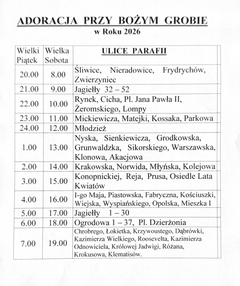 Plan adoracji przy Bożym Grobie 2026