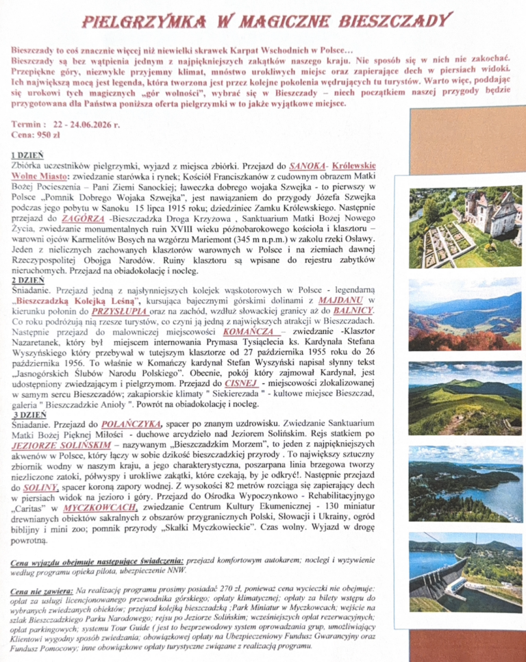 Oferta pielgrzymki w Bieszczady: 22-24 VI 2026