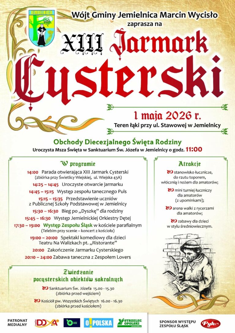 XIII Jarmark Cysterski w Jemielnicy – 1 maja 2026