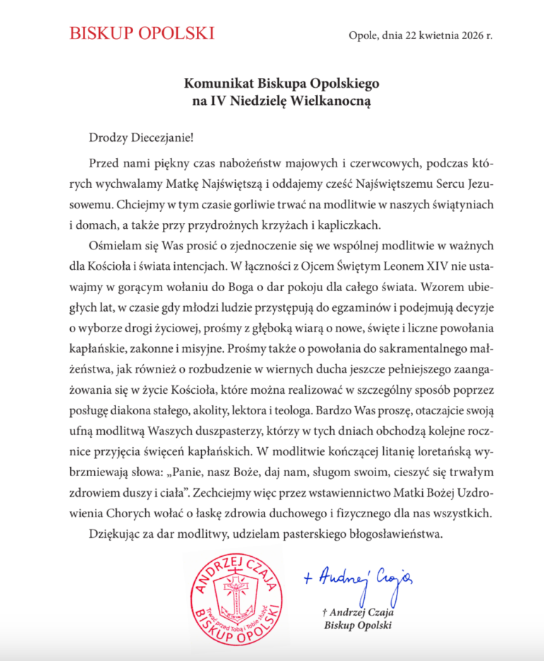 Komunikat Biskupa Opolskiego na IV Niedzielę Wielkanocną